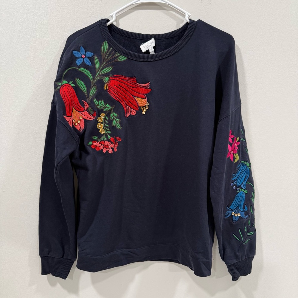 Escada Sport Blue Embroidered Sweatshirt Size Medium EUC